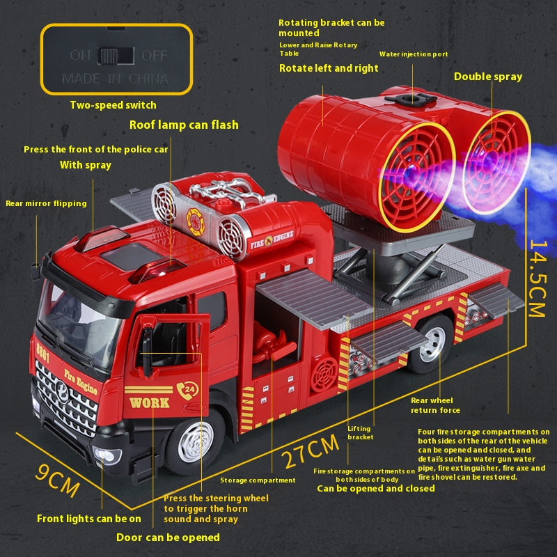 Multifunctional alloy smoke exhaust fire truck with luminous double spray 3-6 years old model toy internet celebrity children's