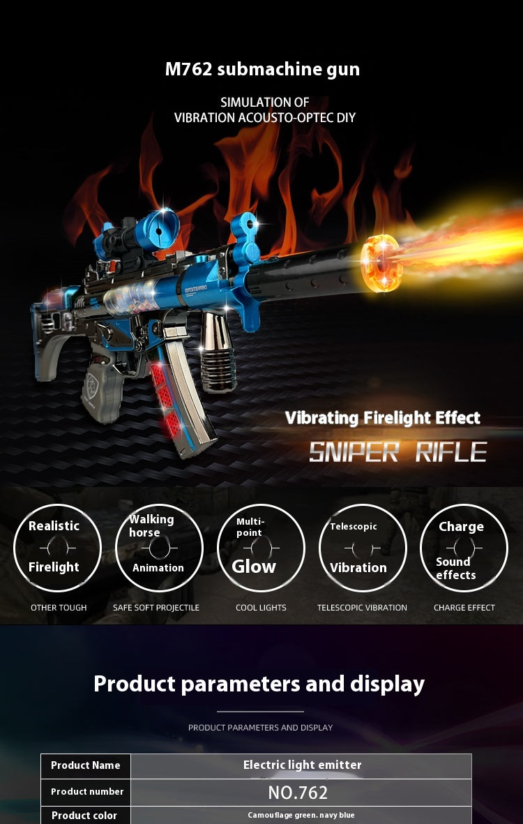 Electric cool M762 spray fire-breathing toy submachinegun vibration retractable realistic sound effect ultra exquisite gift